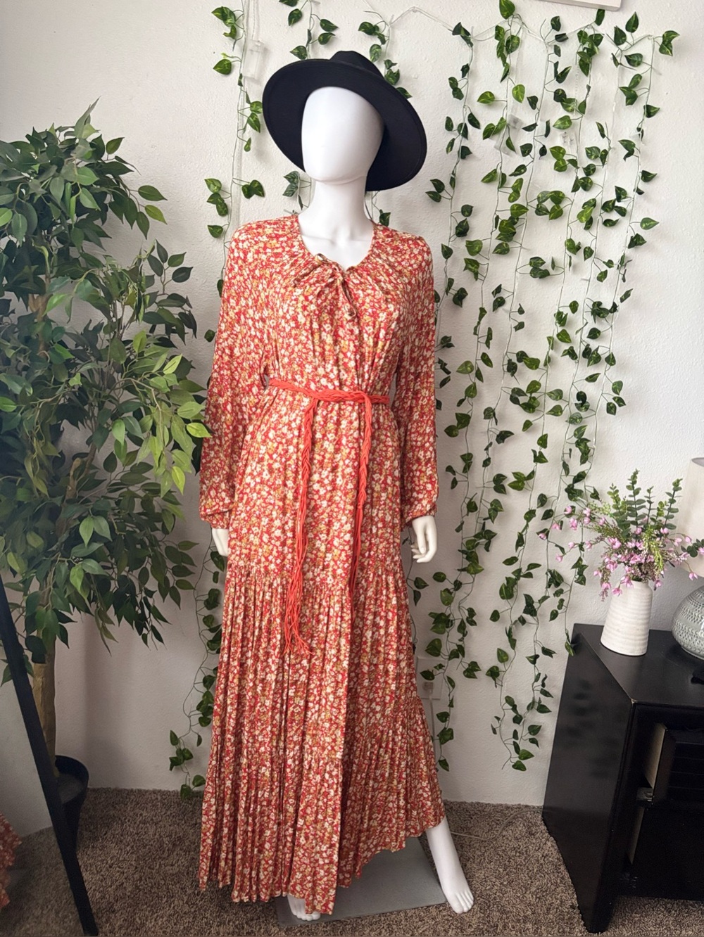 Bohemian orange Floral Maxi Dress with Tie Waist - Picture 2 of 6